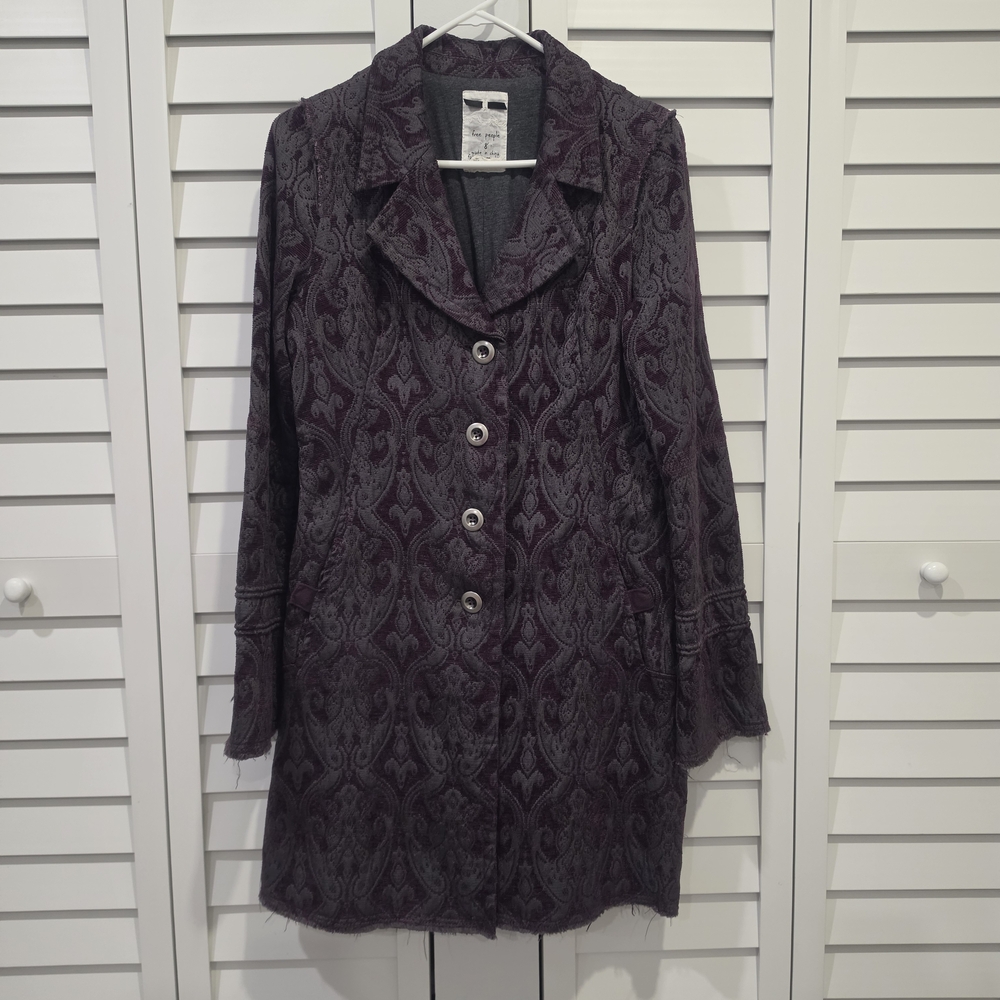 Free People Jacquard Brocade Damask Purple & Gray frayed edges Coat